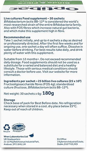 Miniatura 7 de Optibac Probiotics Polvo con bifidobacterias y fibra, 30 bolsitas  5 mil millones de UFC + 0.14 oz de fibra FOS  Mezcla vegana de probióticos y