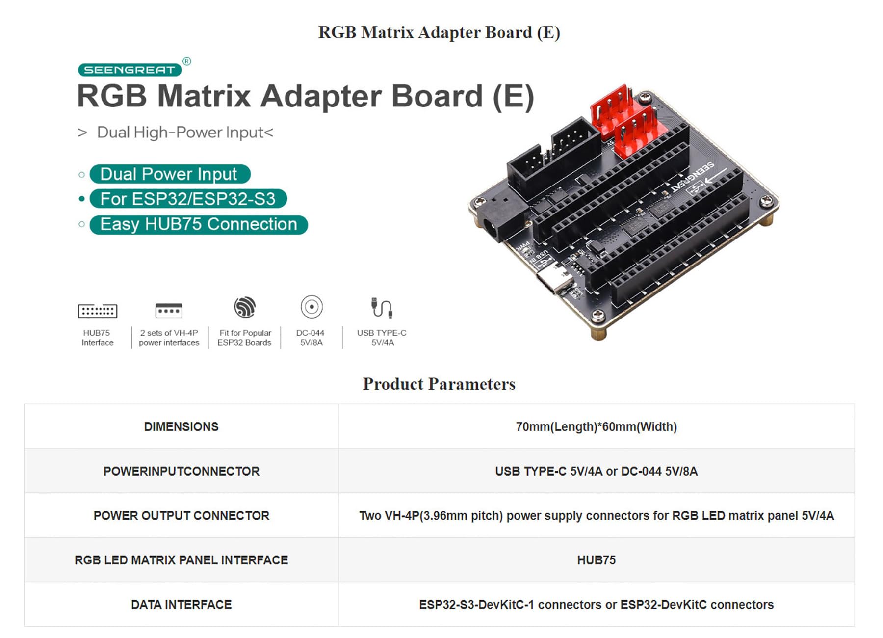 Karta adaptera matrix RGB (E), zaprojektowana dla ESP32-S3 DevKitC-1 i ESP32-DevKitC V4, interfejs HUB75, Dual Power Input USB-C/DC, kompatybilna z panelem LED RGB