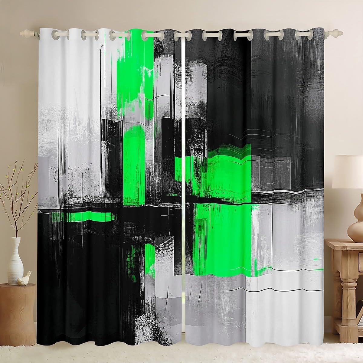 Manfei Geometric Blackout Curtain Abstract Check Grid Window Drapes for Kids Boys Girls Room Decor, Red Black Grey Window Treatments, Grommet Top 2 Panel Set Bedroom Curtains, 42Wx63L inch