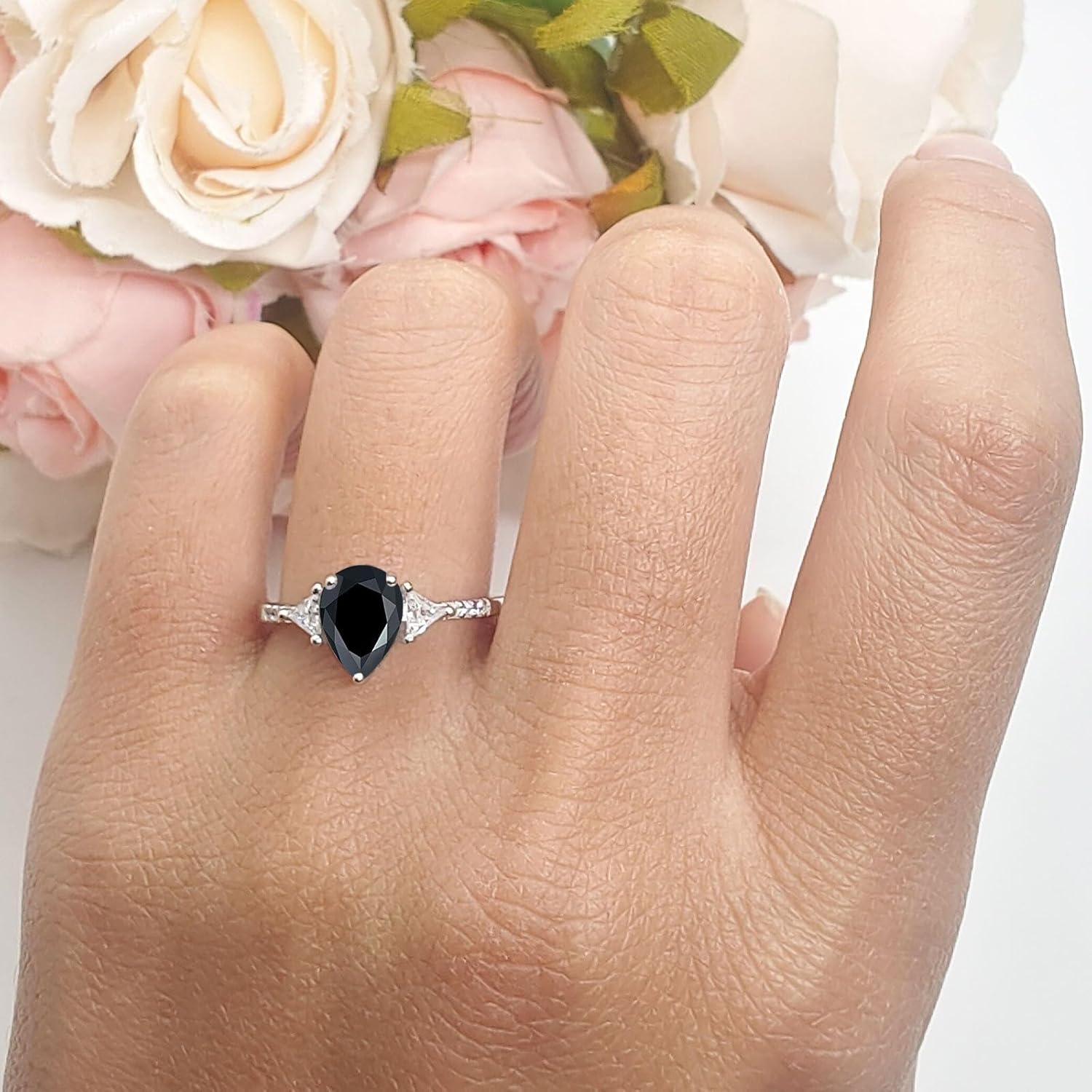 Art Deco Pear Teardrop Natural Black Onyx Vintage Style Triangular Cubic Zirconia Wedding Engagement Ring Solid 925 Sterling Silver Gift For Her