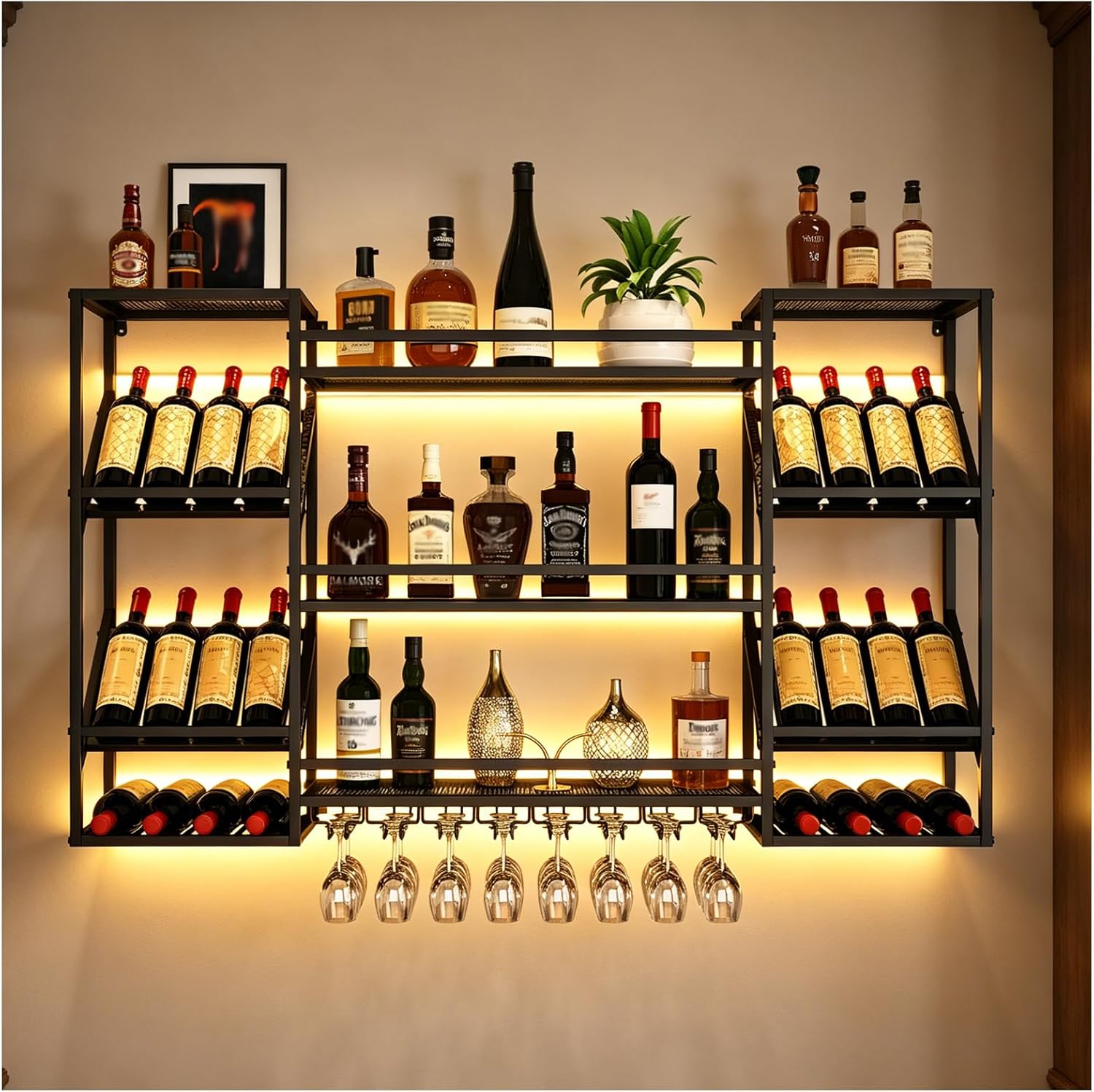 Wall Mounted Wine Rack Holds Bottles at 3 Tilt Angles (45° 90° 180°), Metal Floating Bar Shelves with Glass Holder, 4-Tier Wine Bottle Display Shelf for Home Bar Dining Room (Black, 55in)