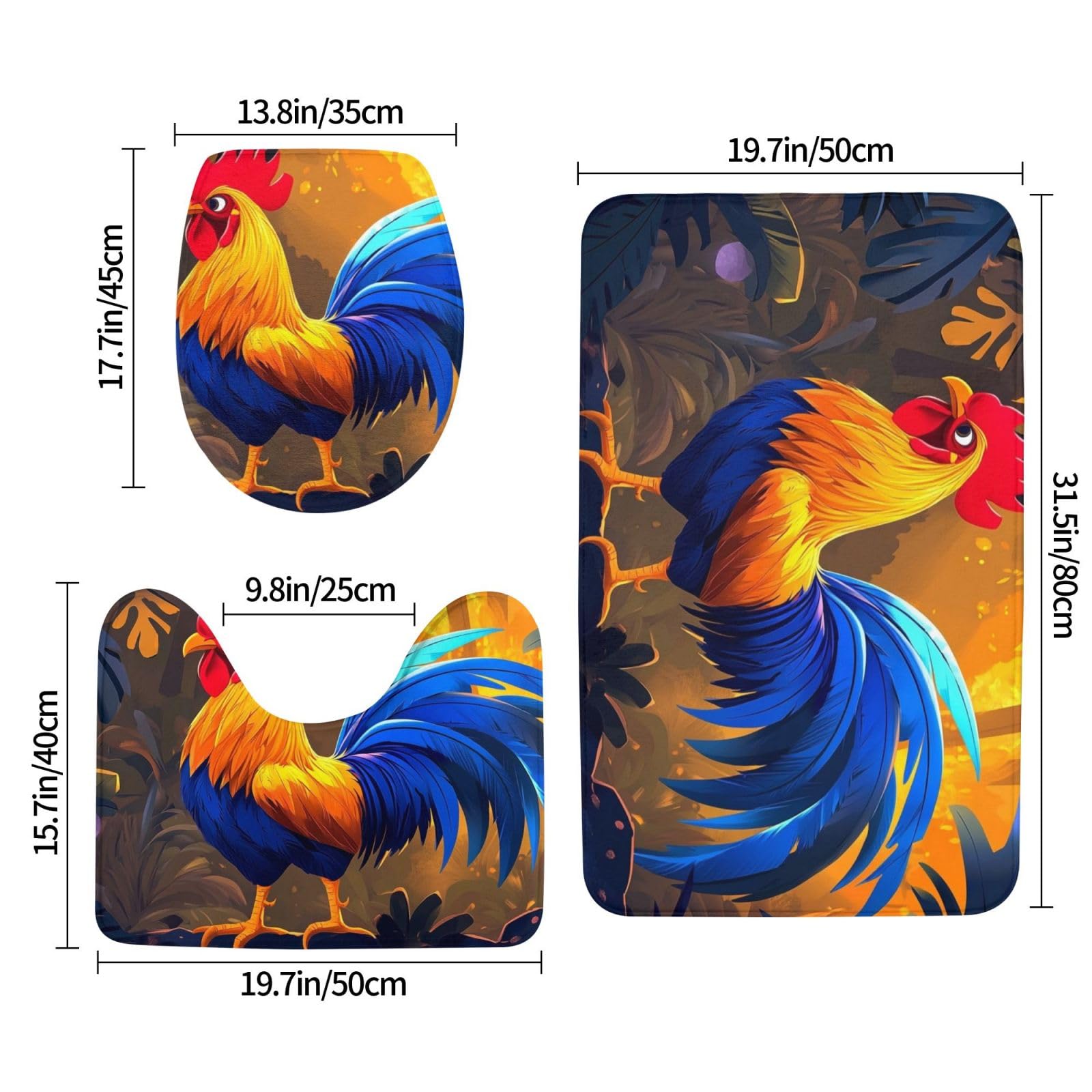 Lot de 3 tapis de salle de bain en mousse à mémoire de forme de coq à queue bleue, tapis de bain doux et absorbant, tapis de toilette en forme de U, décoration d'intérieur, séchage rapide