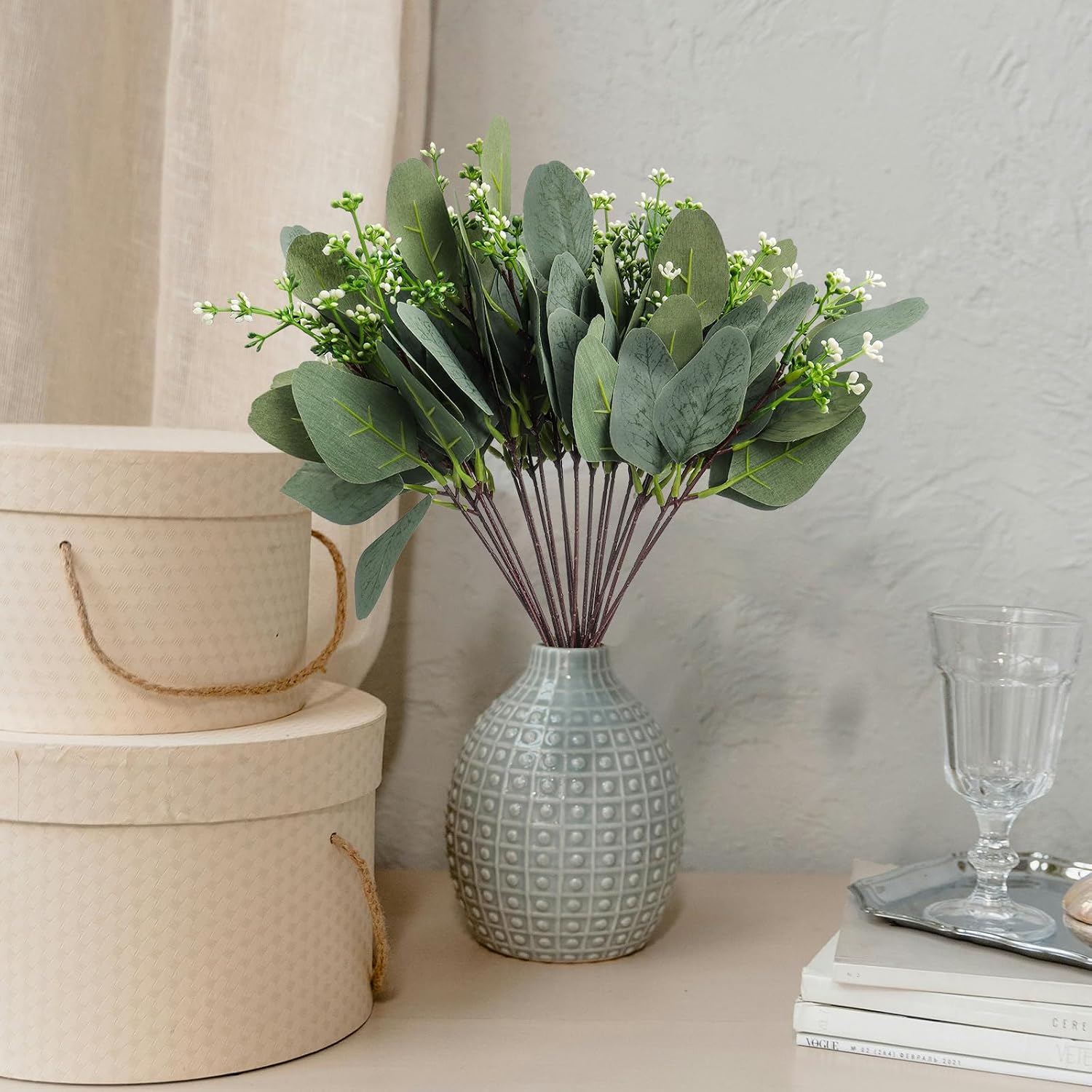 Artificial Eucalyptus Stems, Faux Eucalyptus Leaves Stems Fake Eucalyptus Branches for Wedding Bouquet Home Decor (Fruiting Oval Leaf 20pcs)