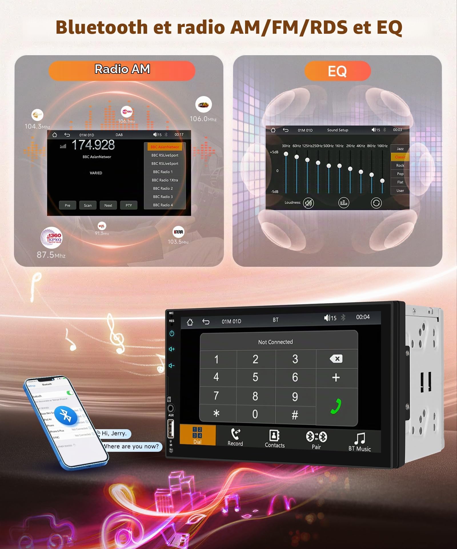Rimoody Sans Fil Carplay Autoradio 2 Din avec DAB Adaptateur Android Auto iOS/Android Mirror Link 7 Pouces Écran Tactile Autoradio Bluetooth FM Radio DAB+/DAB/USB/EQ Commande au Volant Caméra de Recul