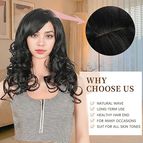 Miniatura 2 de CINHOO Peluca larga ondulada negra con flequillo de cortina, peluca de corte de pelo largo para mujer, pelucas rizadas y onduladas, peluca ondulada