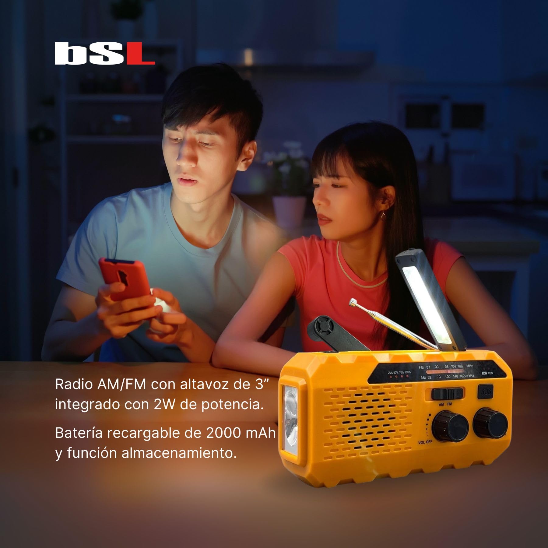 BSL Radio Portátil Am/FM CT-6127 | Carga Solar y manivela Dynamo | Linterna LED | Batería Recargable 2000mAh Almacenamiento y Carga Dispositivos externos | USB-A y USB-C.