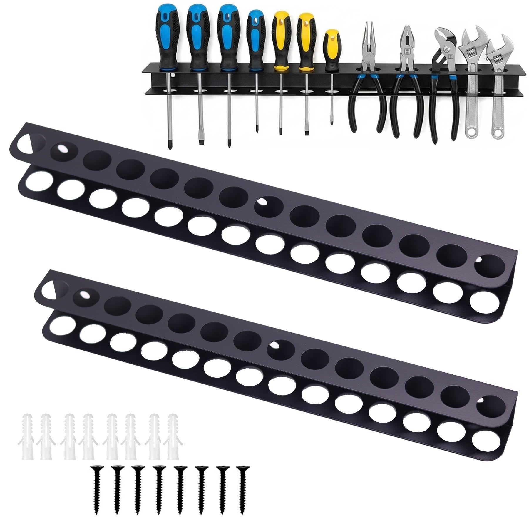 2 piezas de soporte de pinzas para pared, soporte de pared de 40 cm para herramientas, soporte de pared con 14 agujeros para herramientas con tornillos y tubo de expansión, accesorio para taller