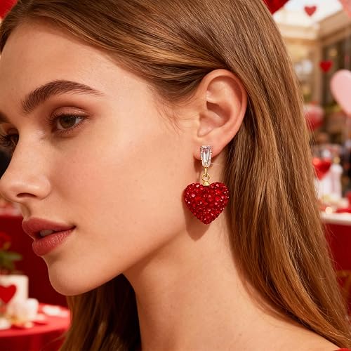 Miniatura 5 de Aretes de corazón rojo, regalos para el día de San Valentín para ella, aretes de corazón de amor con diamantes de imitación, aretes colgantes de San