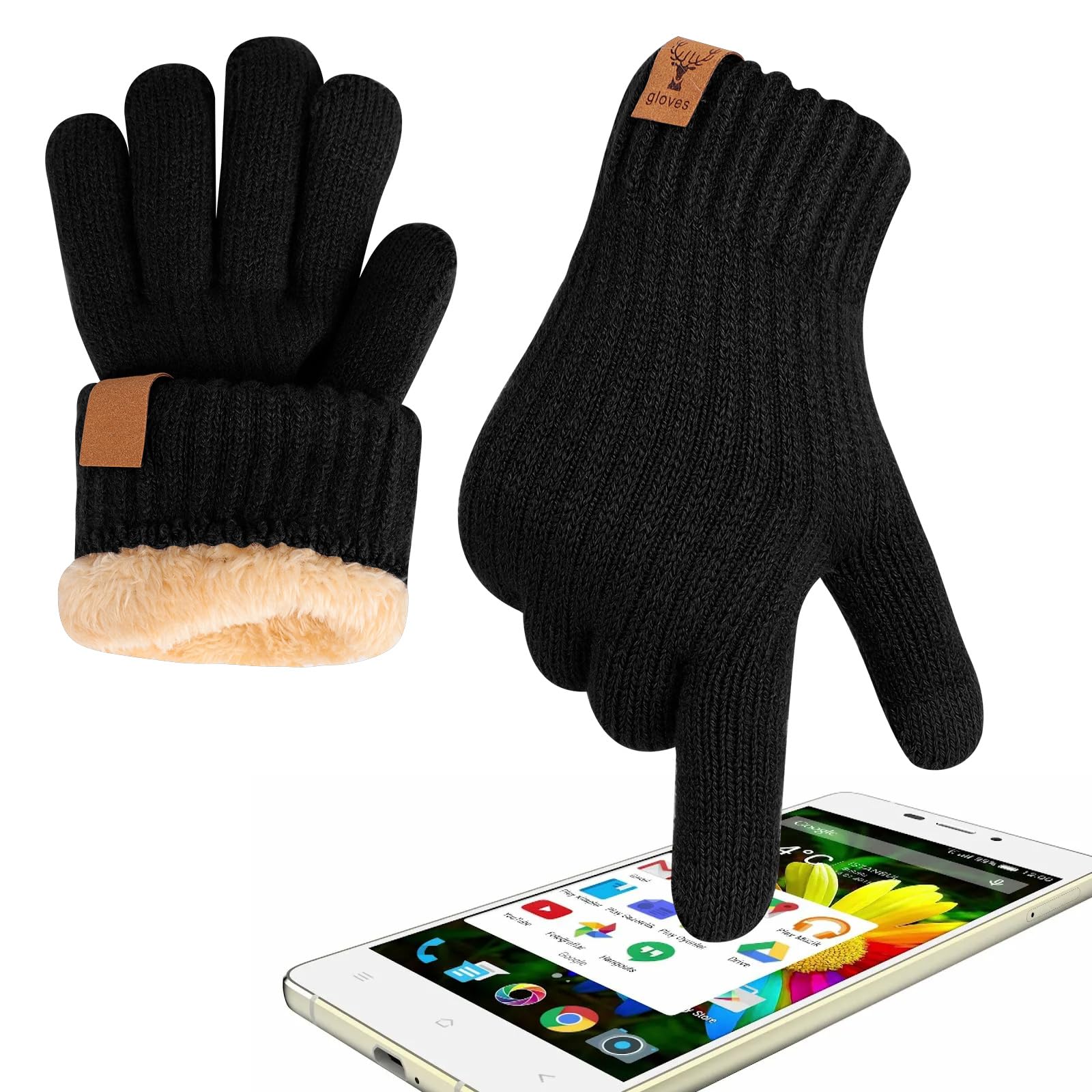 Risipu Unisex Black Winter Warm Gloves For Men Women Thermal Touch Screen Gloves With Fleece Lining Soft Warm Knit Glove For Skiing Cycling Hiking (, One Size)