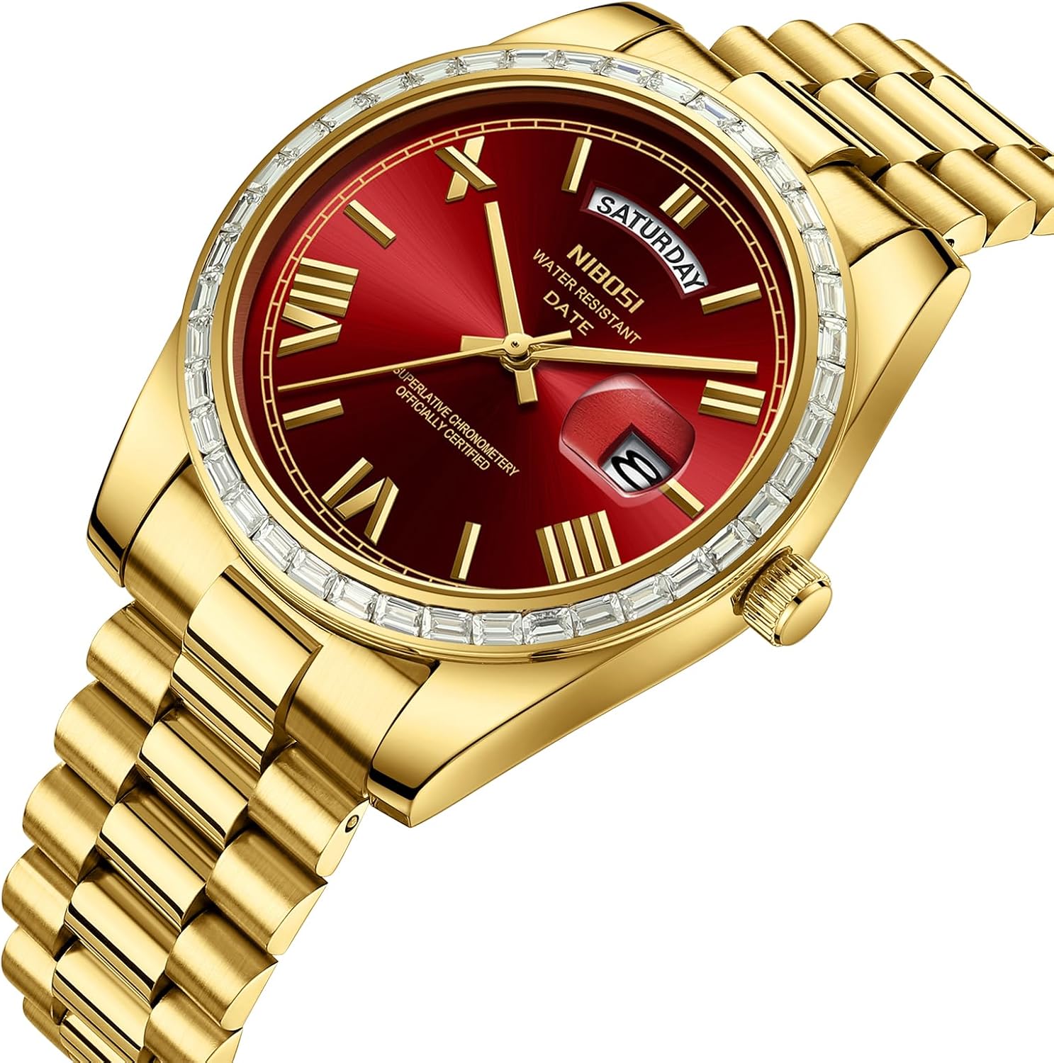 NIBOSI Men's Watches Analog Quartz Diamond Bezel Stainless Steel Dial Rose Gold Silver Watches for Men Waterproof Business Classic Dress Wrist Watch with Day Date