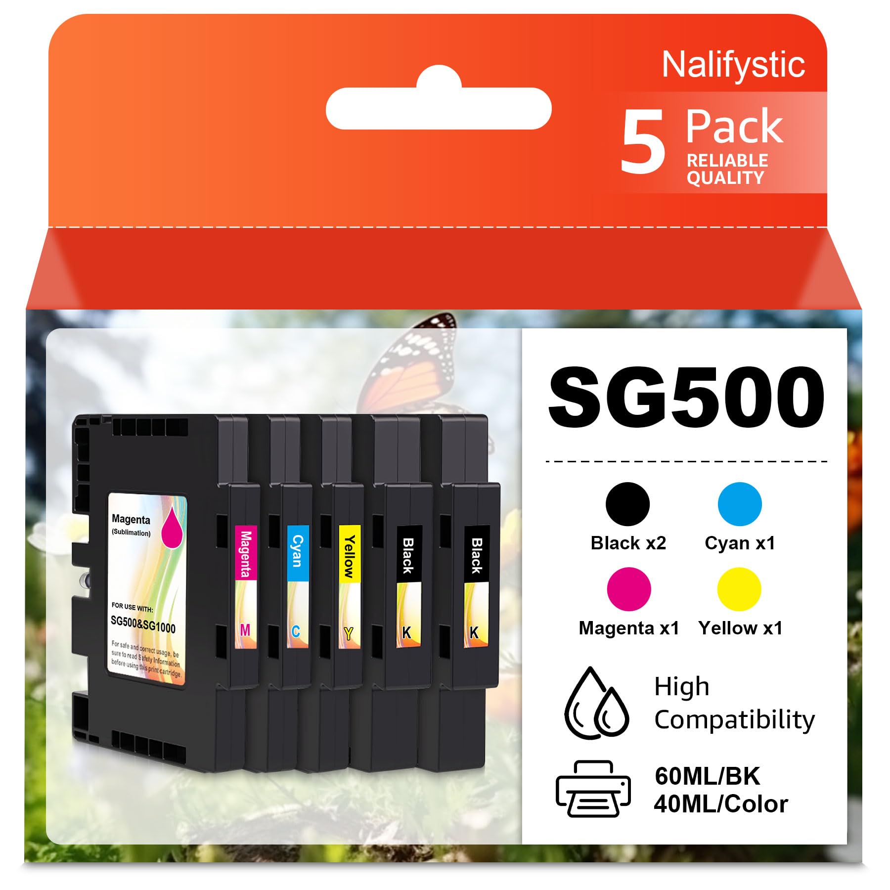 SG500 SG1000 (5er-Pack) Sublimations Tintenpatronen Kompatibel mit Sawgrass Virtuoso SG-500 SG-1000 Sublimationsdrucker, 2X Schwarz 1x Cyan Magenta Gelb