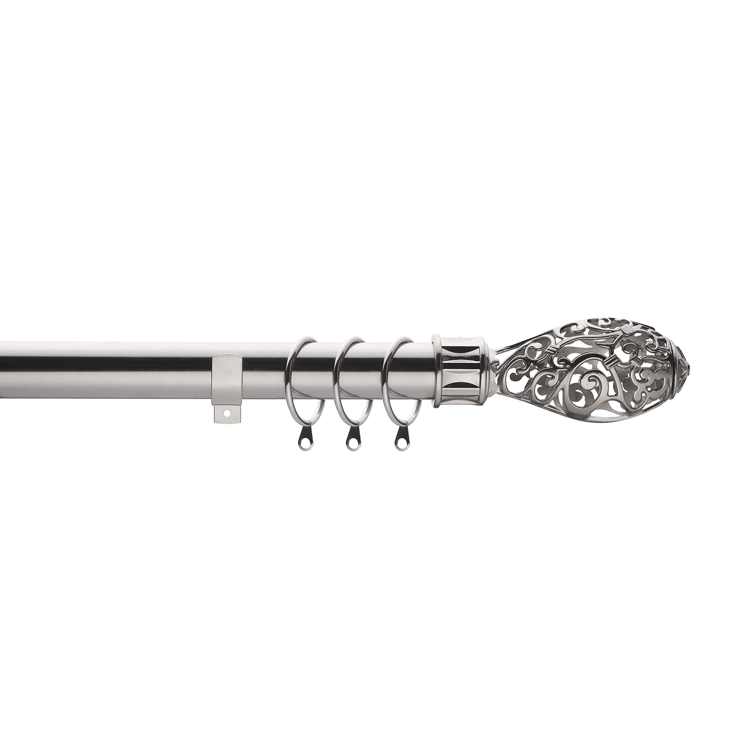 Home Harmony® Acorn Geo Finial Telescopic Extendable Curtain Pole set In Black or Silver and Matching Holdbacks Available (Silver, 180-320 cm)