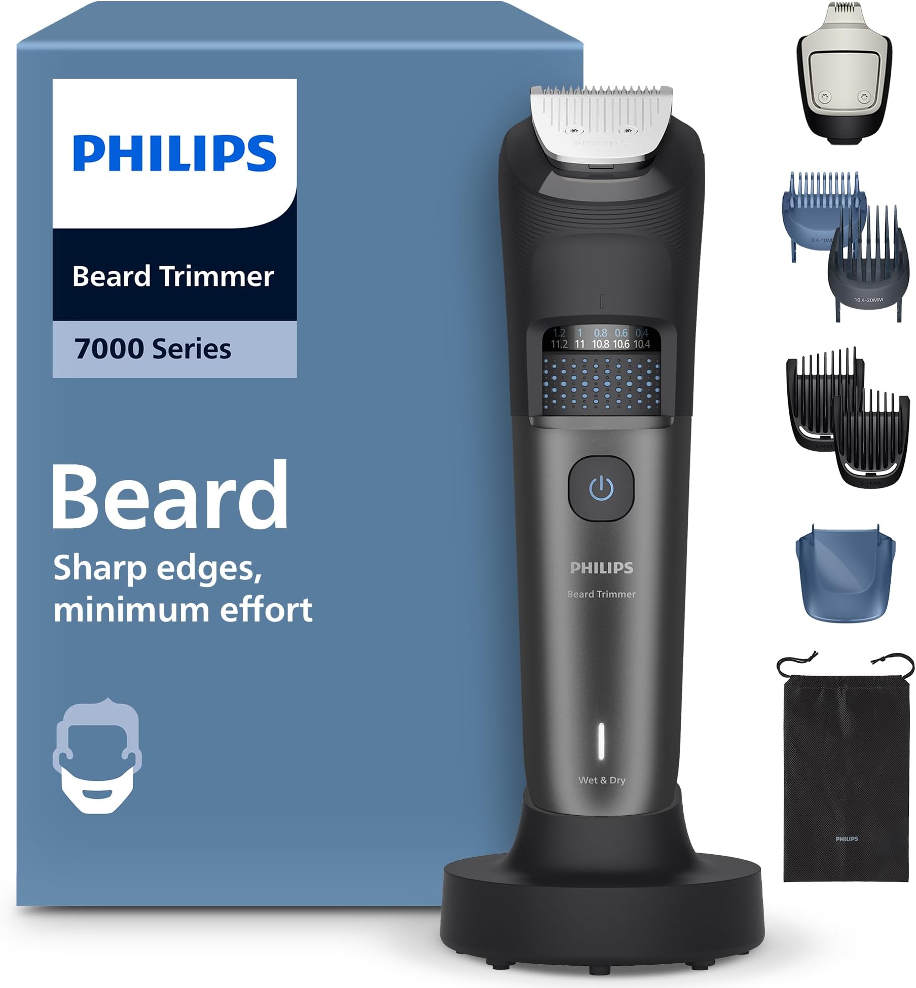 Philips Beard Trimmer 7000 Series - Self-Sharpening Metal Blades, 40 Lock-in Settings, BeardSense Technology, Hair Collector, 100% Waterproof, Charging Stand, Soft Pouch, Model BT7660/15