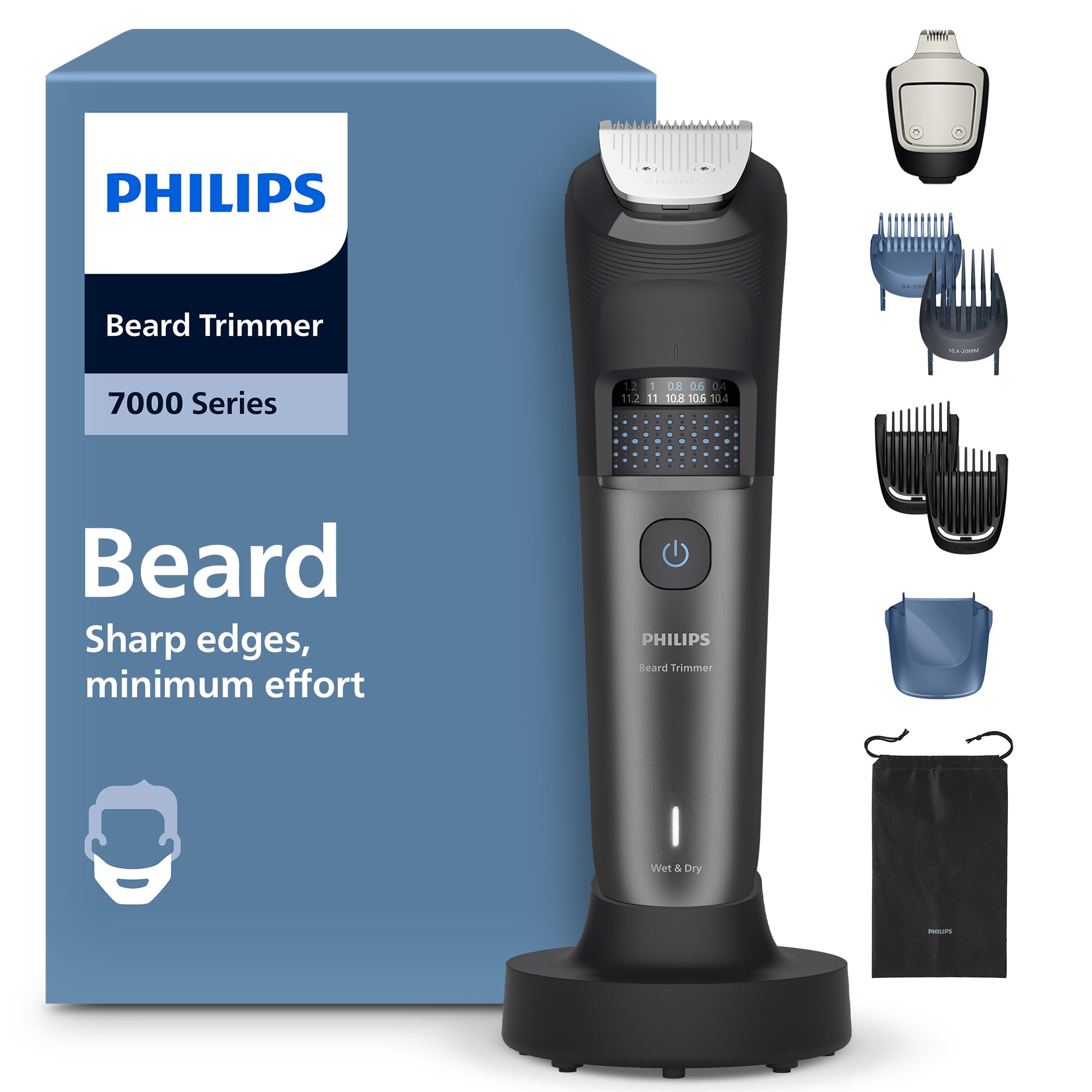 Philips Beard Trimmer 7000 Series - Self-Sharpening Metal Blades, 40 Lock-in Settings, BeardSense Technology, Hair Collector, 100% Waterproof, Charging Stand, Soft Pouch, Model BT7660/15