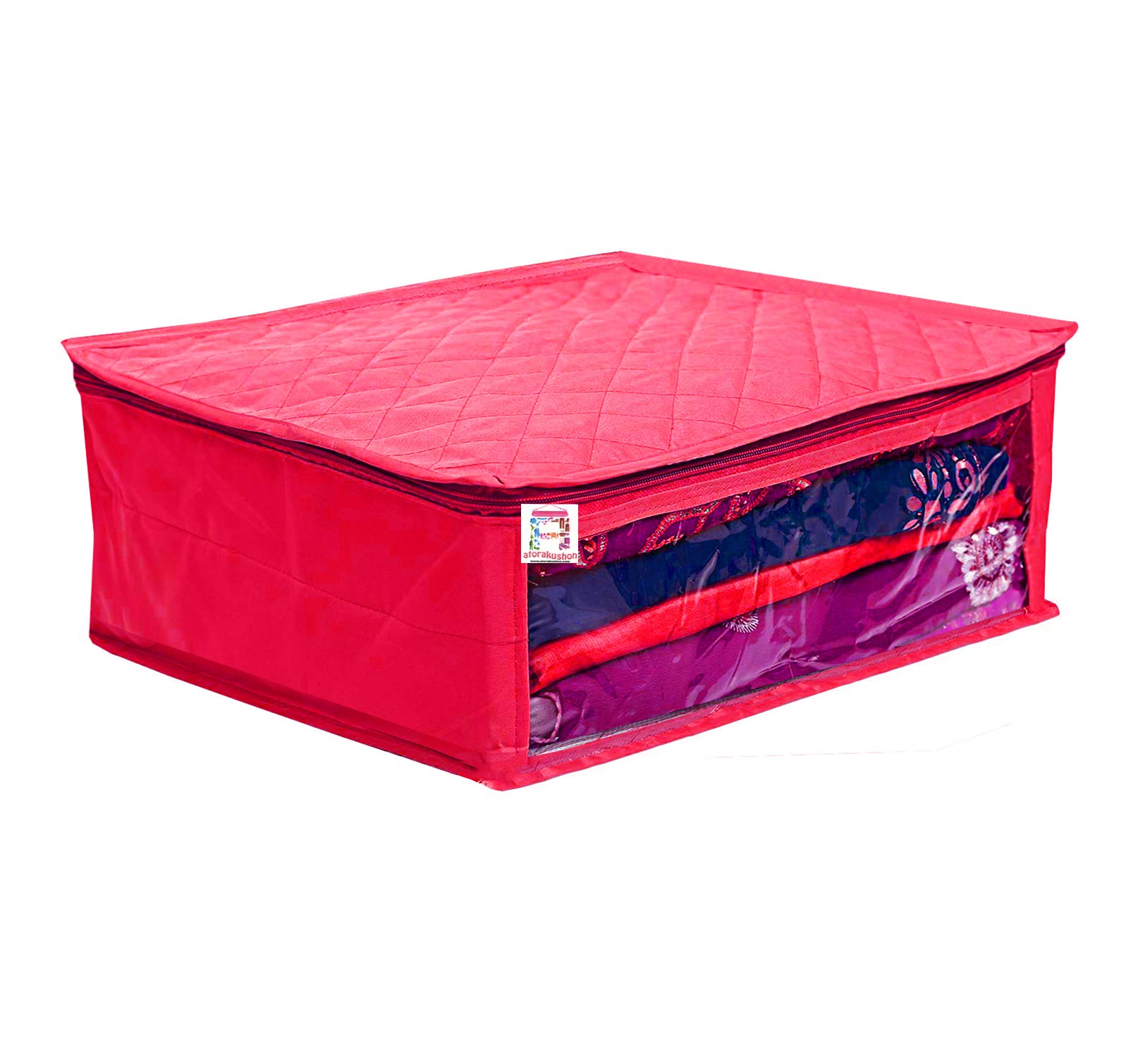 atorakushon Fabric Satin Foldable Saree Covers Cloth Garments Storage Bag Wardrobe Organizers with Strong Zippers & Transparent Window Pack of 6 Pink