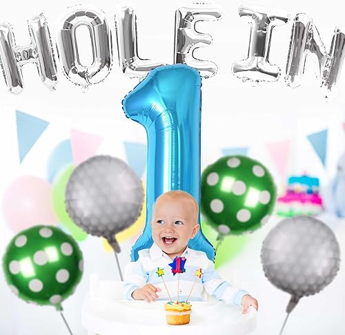 Miniatura 5 de Decoraciones de cumpleaños con agujero en uno para niños con temática de golf, globos de bola de golf con agujero en uno, globo azul número 1,