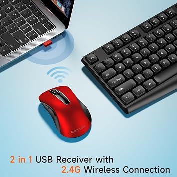memzuoix Wireless Keyboard and Mouse Combo, 2.4G Full-Size Ergonomic Set with 1400 DPI Mouse, Lag-Free USB Receiver, 6-Month Battery Life for PC/Laptop/Windows/Mac (Black Keyboard + Red Mouse)