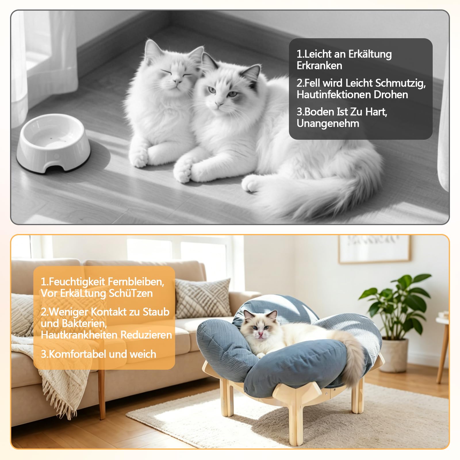 W&H Erhöhtes Katzenbett in Blumenform, 55 cm Großes Katzenkorb mit Kissen und Holzrahmen, Weiche Katzenkissen für Alle Katzen und Kleine Hunde, Grau