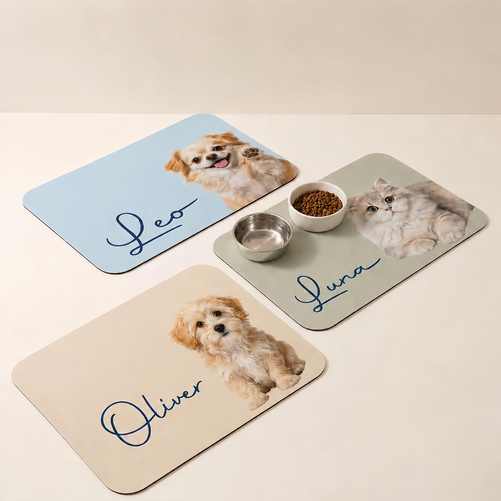 Personalized Dog & Cat Mat for Food & Water Bowls, Custom Pet Food Mat with Photo & Name, Non-Slip Waterproof Diatomite Dog Feeding Mats, Dog Bowl Placemat Gifts for Pet Lover, Pet Owner (Style 1)
