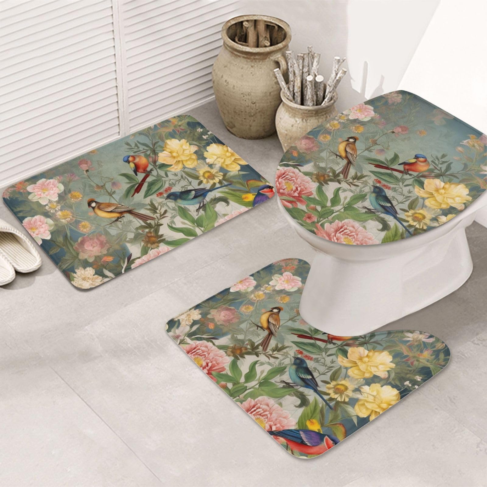 Tapis de bain antidérapant absorbant lot de 3 imprimé fleurs et oiseaux en flanelle