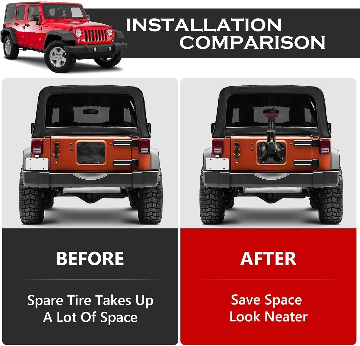 Spare Tire Holder Mounting Bracket Tire Carrier for Jeep Wrangler JK 07-18 with 3rd Third Brake Light Accessories 55397217AJ 68048581AA Aluminum Alloy Carrier Bracket(Red Lens)