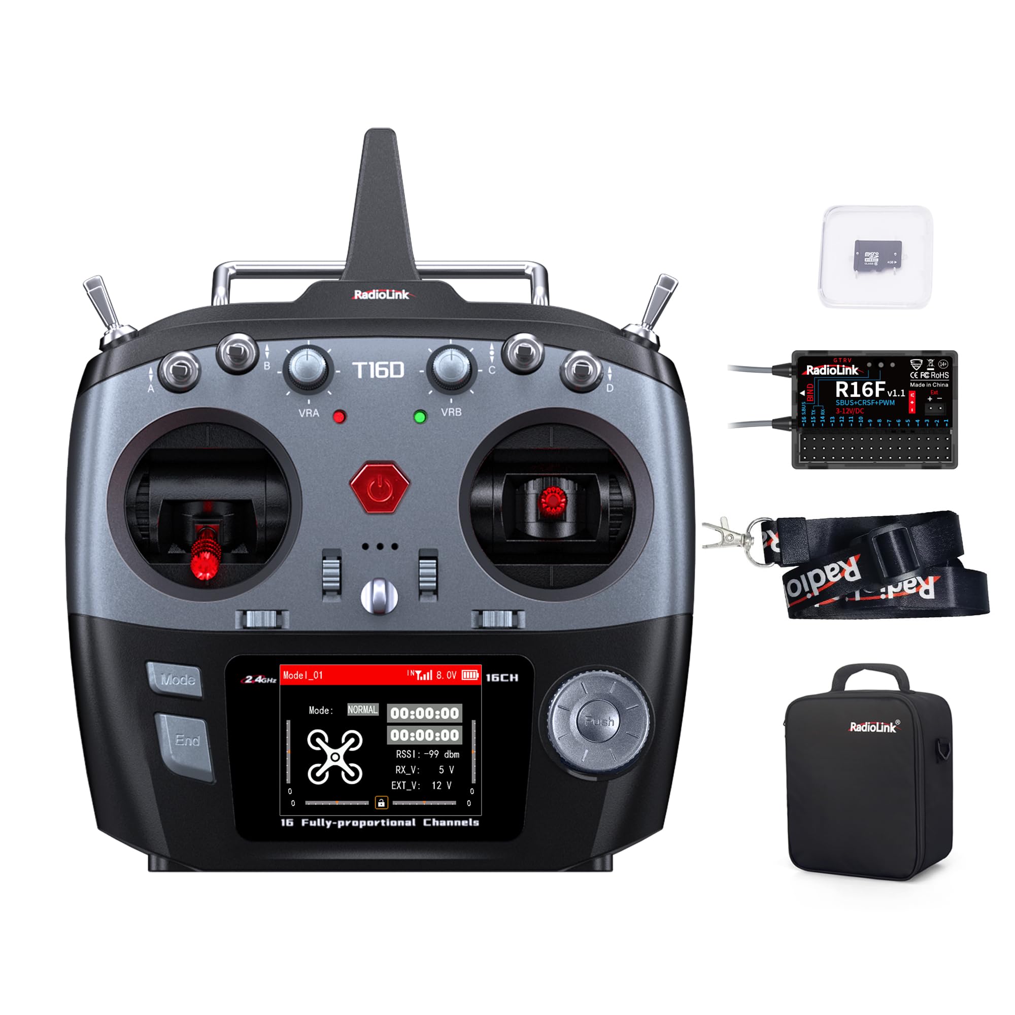 Radiolink T16D 16 canaux RC Émetteur & R16F Récepteur de Télémétrie, Compatible ELRS/TBS Crossfire Longue Portée Module, Diffusion Vocale, pour Drone/Avion/Voiture/Bateau (Mode 2, Accélérateur Gauche)