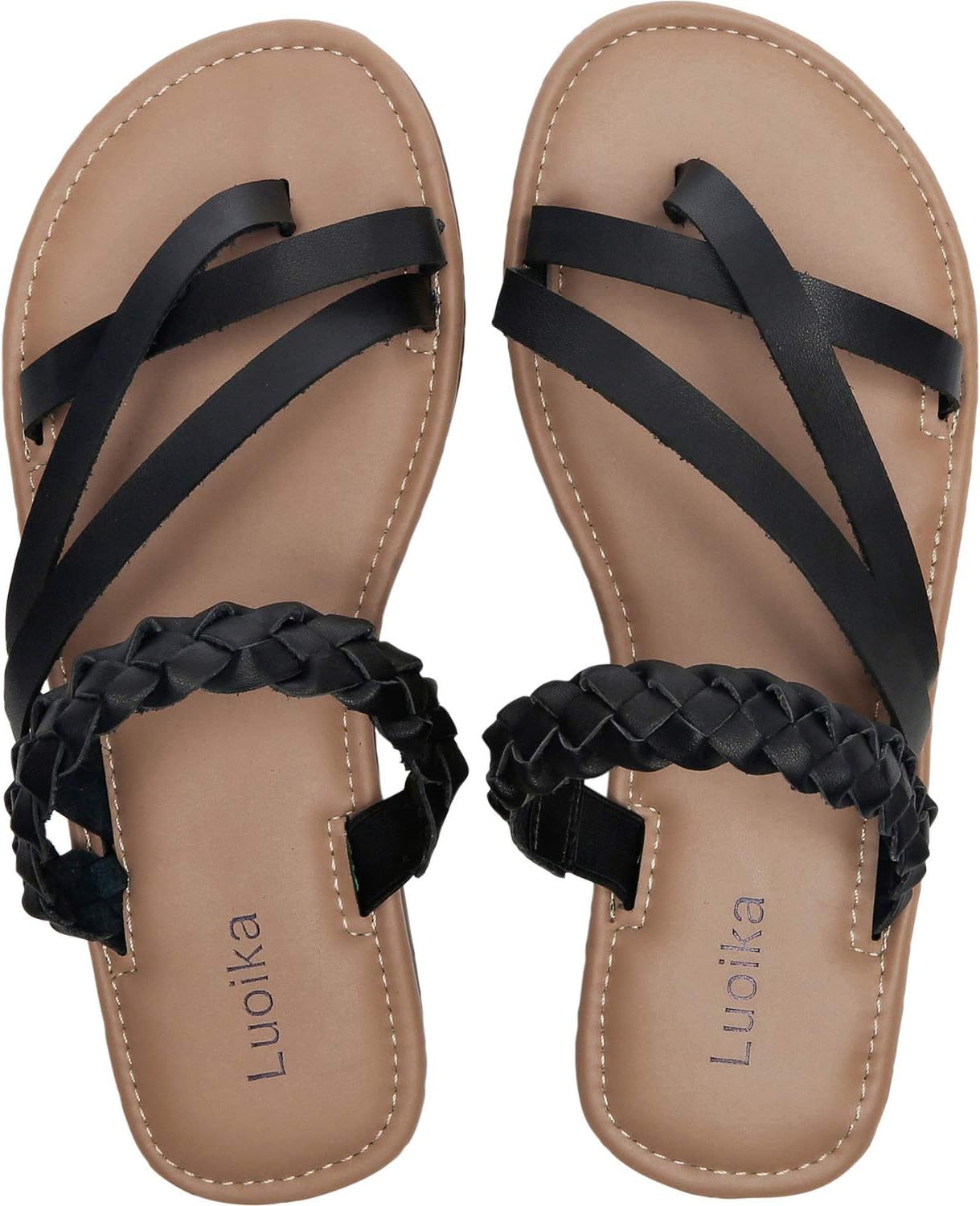 Women's Wide Width Slide Sandals - Slip On Flat Braided Strap Open Toe Summer Shoes.(181235,Black,6)