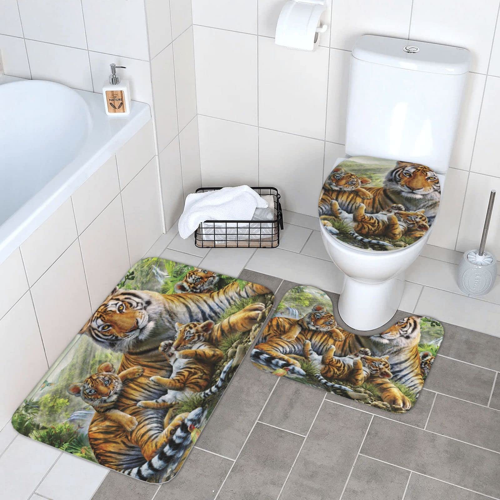 Danlim Lot de 3 tapis antidérapants pour salle de bain, super absorbants, lavables en machine, motif tigre de la jungle