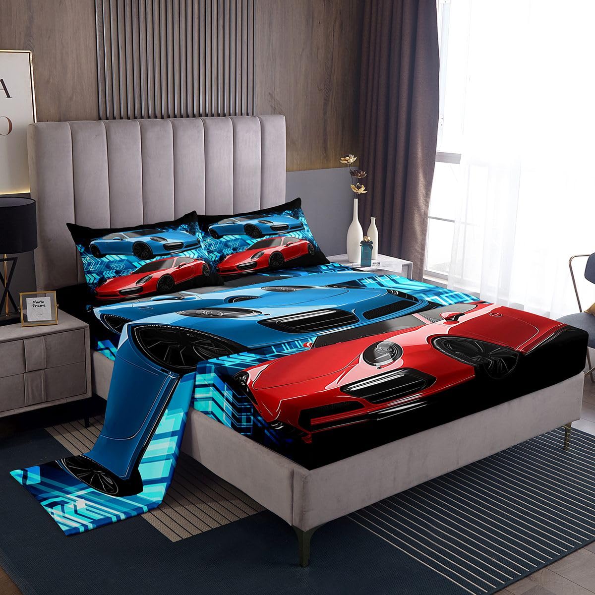 Feelyou Cars Bed Sheet Set Arrow Fitted Sheet for Girls Boys Children Kids Sports Car Plush Blanket Race Sports Car Red Blue Black Bright Breathable