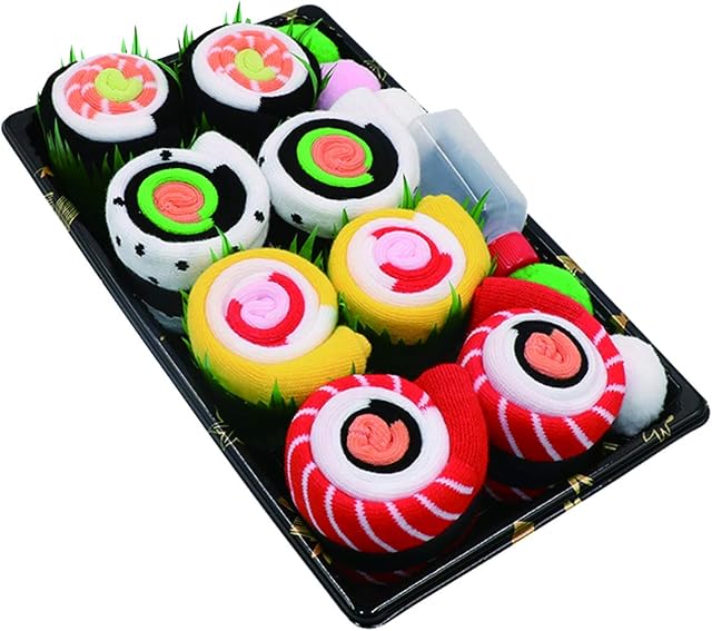 Sushi Socks Box Set for Men & Women, Fun Dress Cool Colorful Fancy, Salmon Cucumber Kit Gift for Birthday, Christmas, Party, 4 Pairs