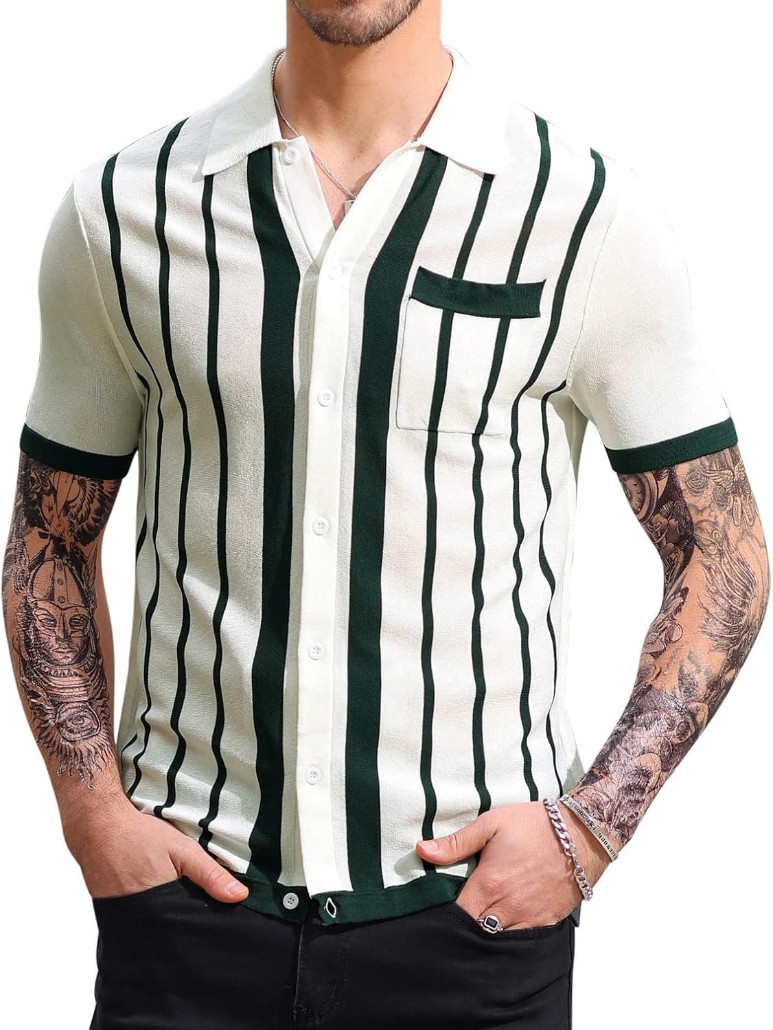 PJ PAUL JONES Mens Polo Shirts Vintage Striped Button Down Knitted Golf Shirts