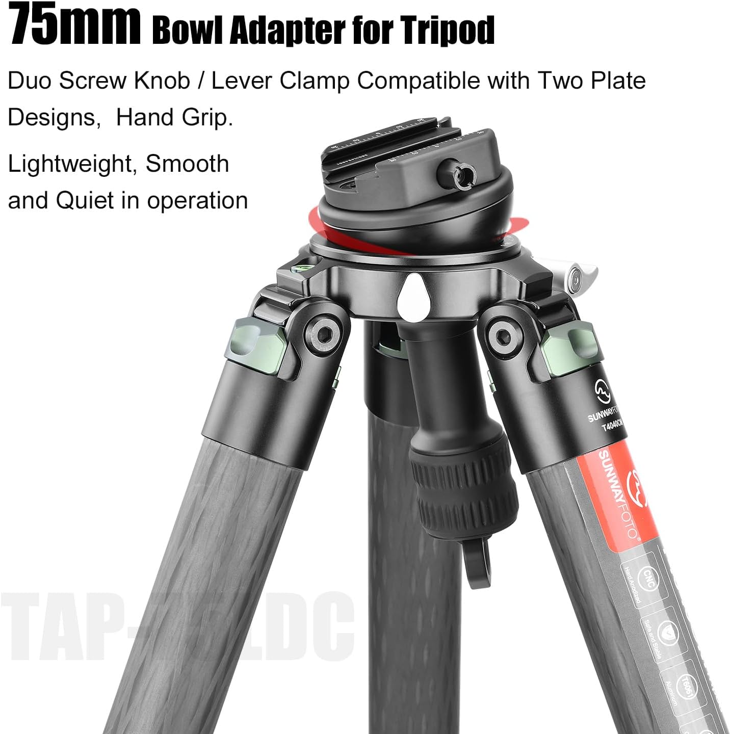 Sunwayfoto TAP-75LDC 75mm Leveling Half Ball Adapter +Duo Lever/Screw Lock Clamp for Video Bowl Tripod Long Handle + Sandbag Hook