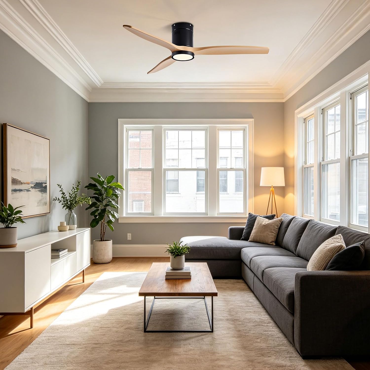 Flush Mount Ceiling Fan Light Modern Ceiling Fan with Light 6-Speed Quiet Ceiling Fans with Remote Control for Bedroom Living Room Farmhouse Porch Low Profile Ceiling Fans with Lights