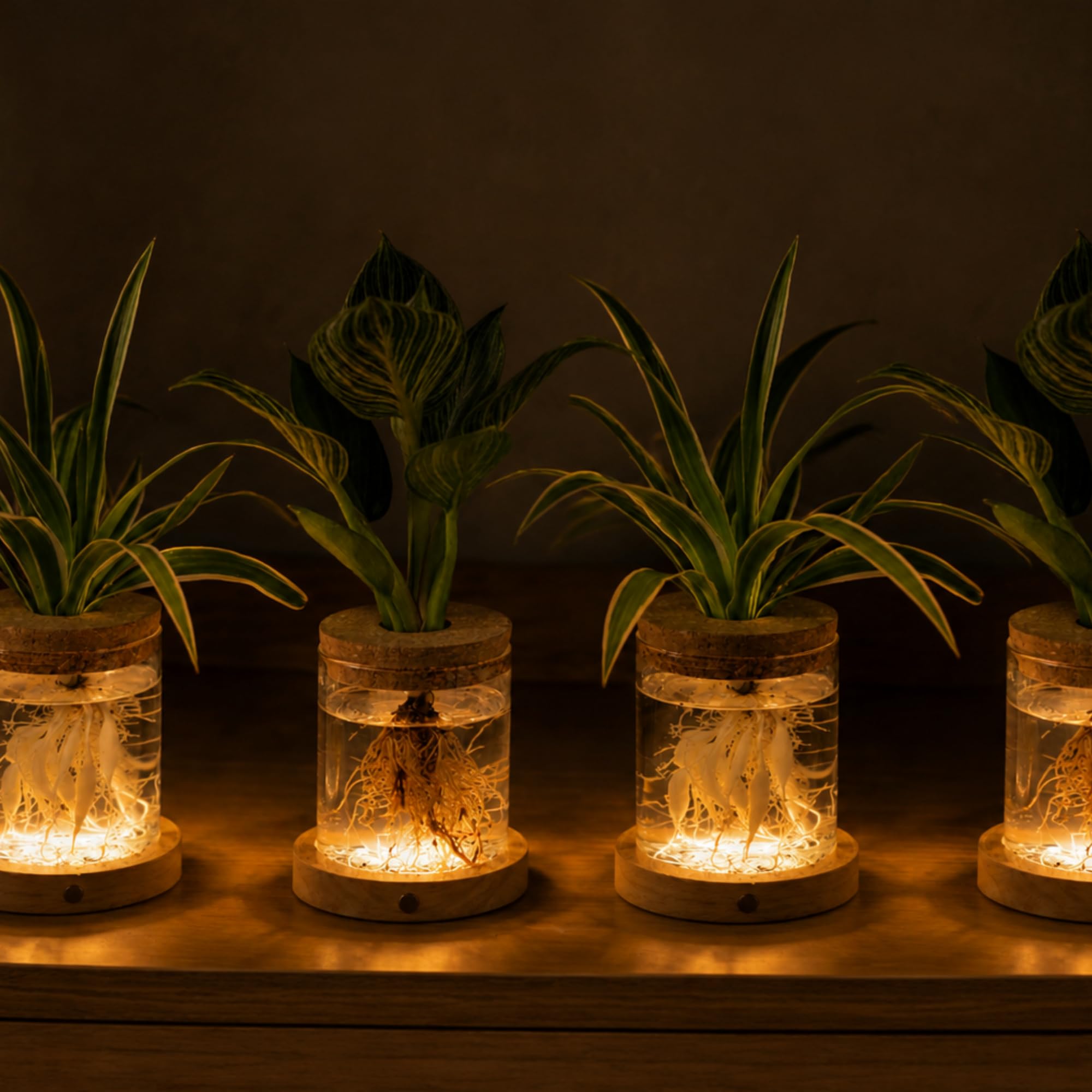 Pflanzen-Anzuchtstation mit Holzuntersetzer, Glasterrarium mit dimmbarer Funktion, Hydrokultur-Behälter, Vase, Gläser, Gartengeschenke für Mutter, Frauen, Pflanzenliebhaber (4 Stück)