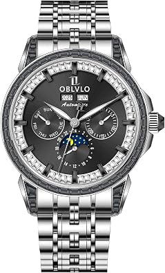 OBLVLO Luxury Mens 316L Stainless Steel Moonphase Automatic Watch Diamond Bezel 24-Hour Multifunction Mechanical Bracelet Watches GCM-MUT