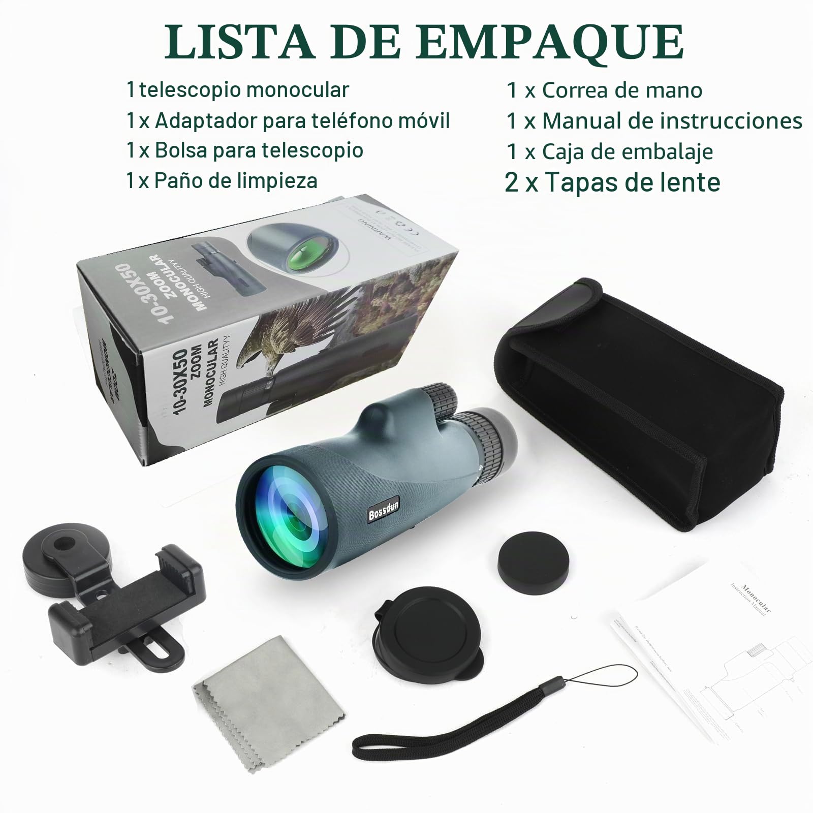 Telescopio Monocular 10-30x50 para Adultos, Telescopio Monocular Resistente al Agua HD con Teléfono Inteligente para Observación de Aves, Senderismo,Caza, Camping, Viajes (Green)