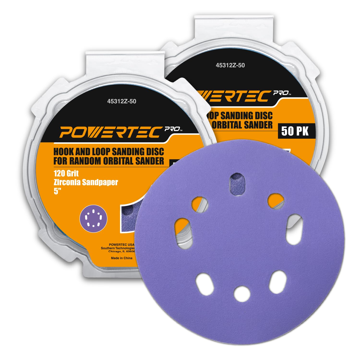 POWERTEC PRO 100PK, 5 Inch Sanding Discs Hook and Loop, 120 Grit, Zirconia Orbital Sander Sandpaper for 5 & 8 Hole Random Orbital Sanders - Automotive