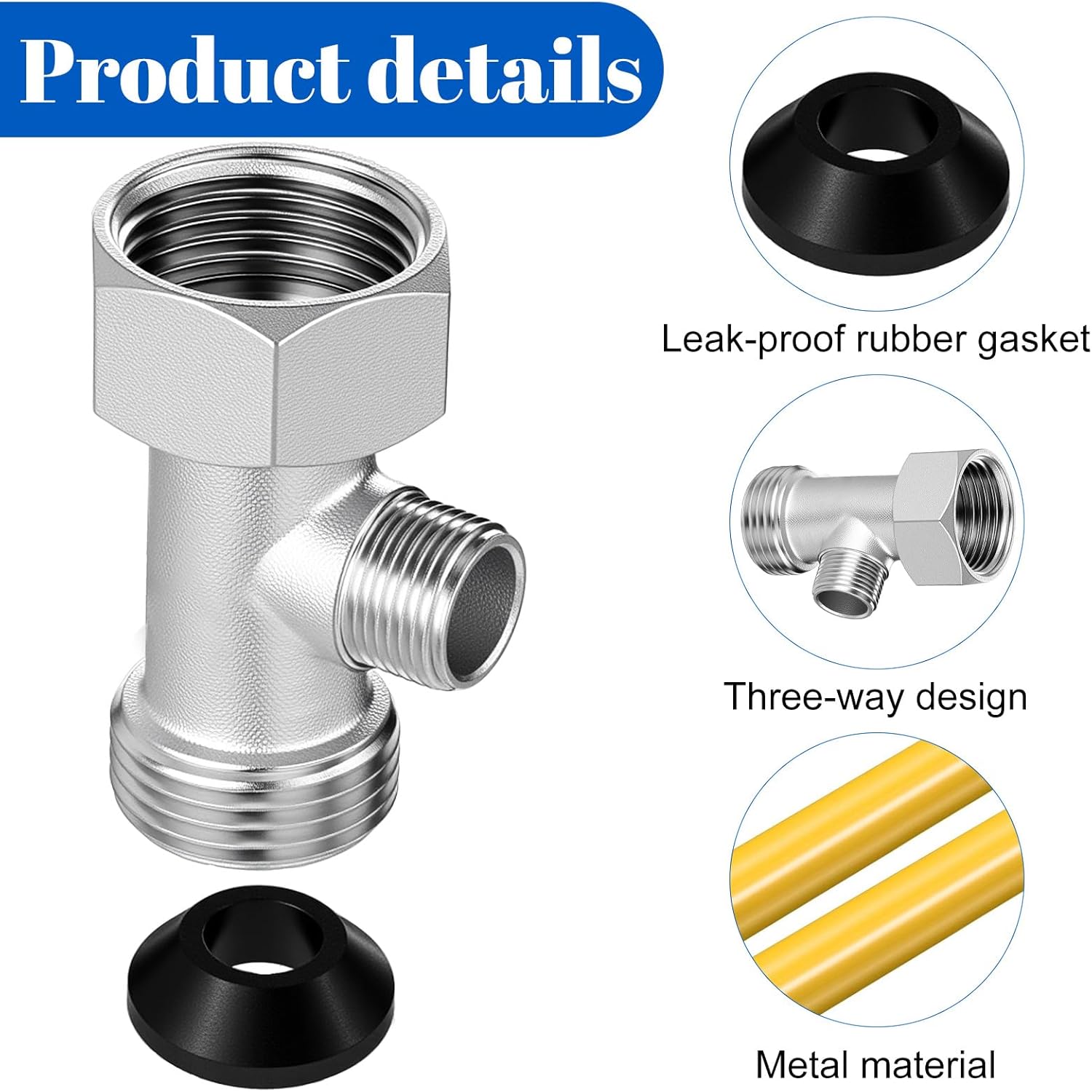 Bidet T Adapter, T Valve Toilet Faucet Hose Splitter 3 Way 7/8inch 3/8inch 7/8inch, Shower Head Plumbing Splitter with Gasket, Valve Hose Fitting for Shower Head Diverter Sprayer Faucet