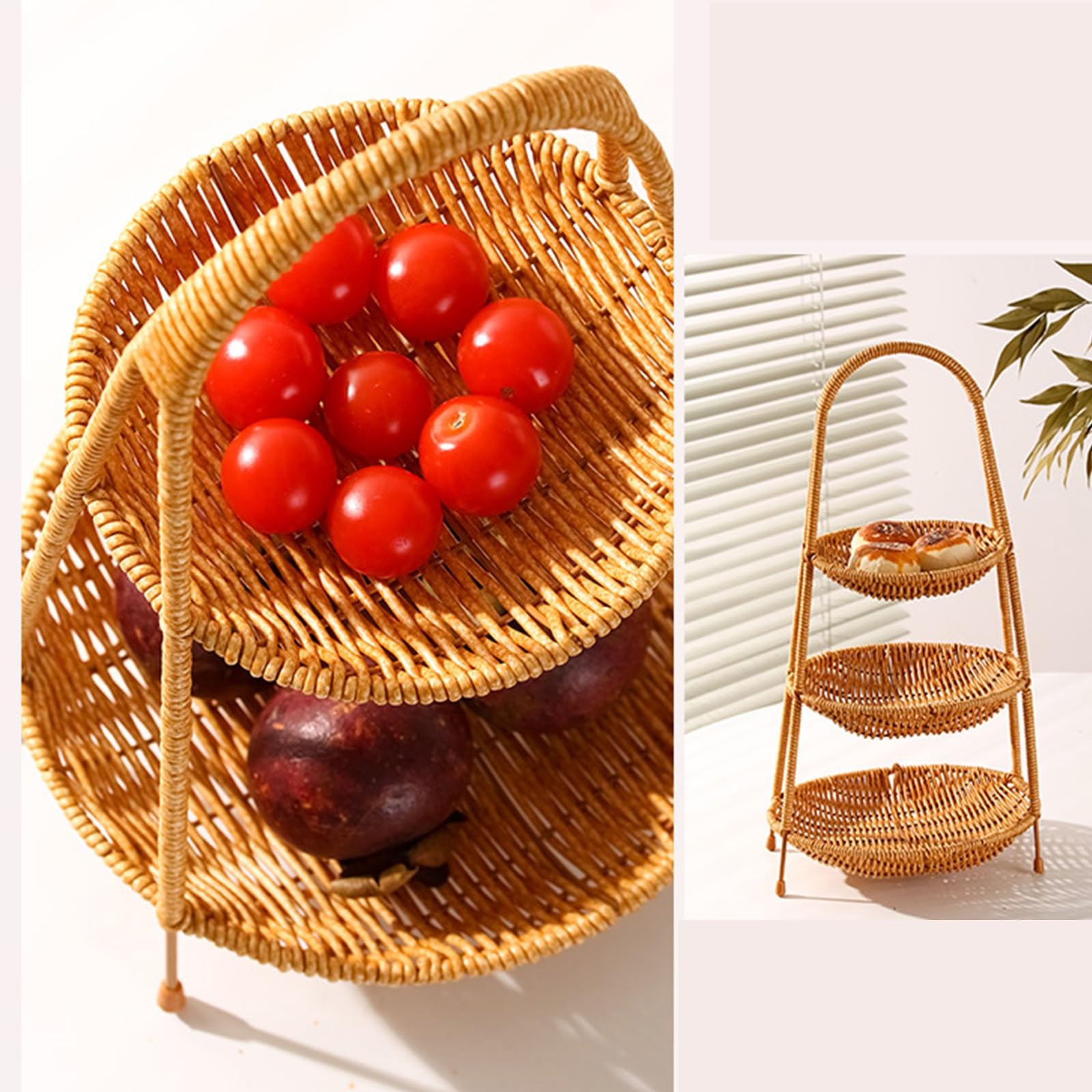 Cesto Di Frutta Rotondo In Rattan Naturale Fatto A Mano - Ciotola In Vimini Per La Casa, Decorazione Rustica Per Cucina E Tavola - 3 Misure (Piccolo, Medio, Grande)