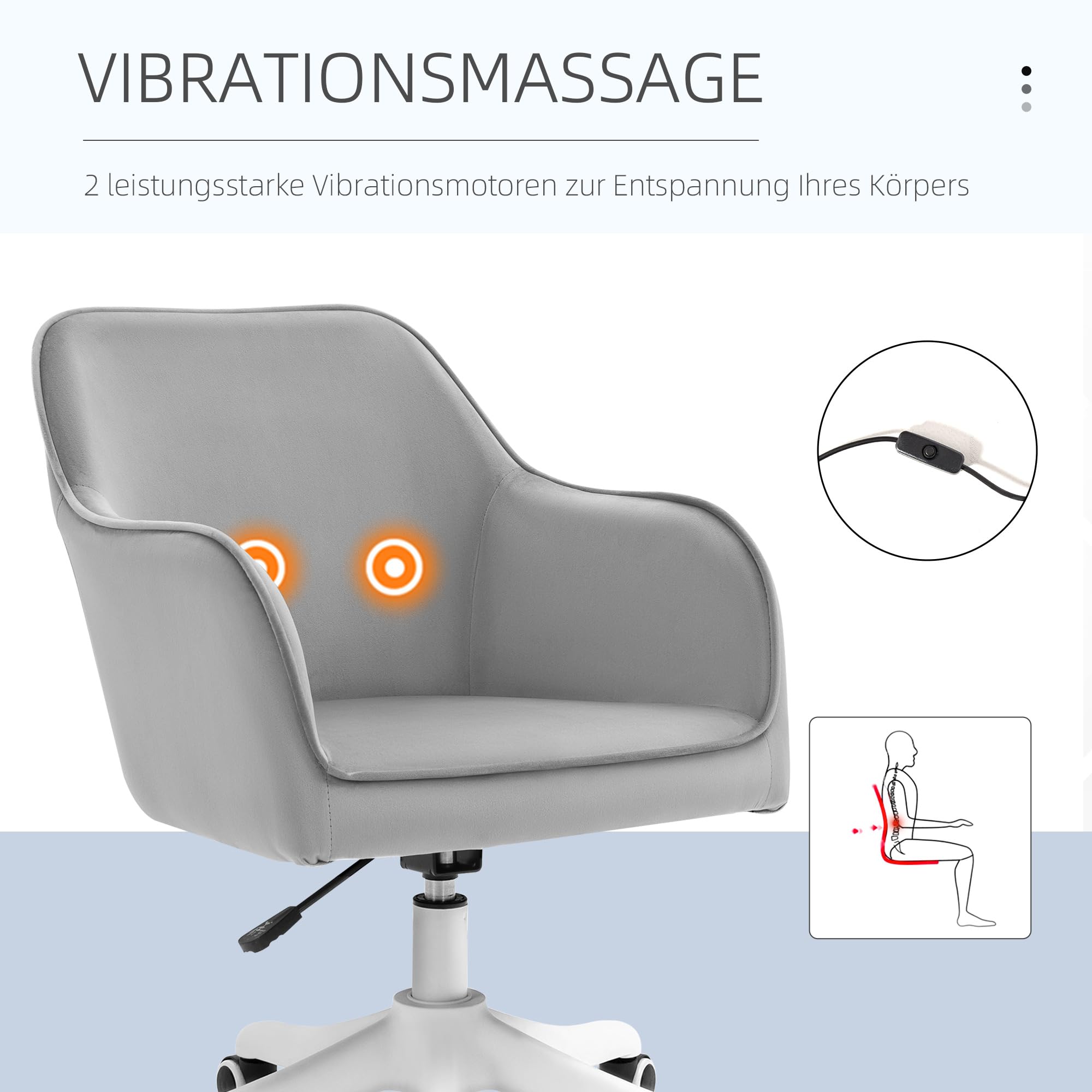 Vinsetto Bürostuhl mit Massagefunktion Ergonomischer Chefsessel Hellgrau | Höhenverstellbar, 360° Drehbar, Computerstuhl, Samtoptik, USB-Schrittstelle