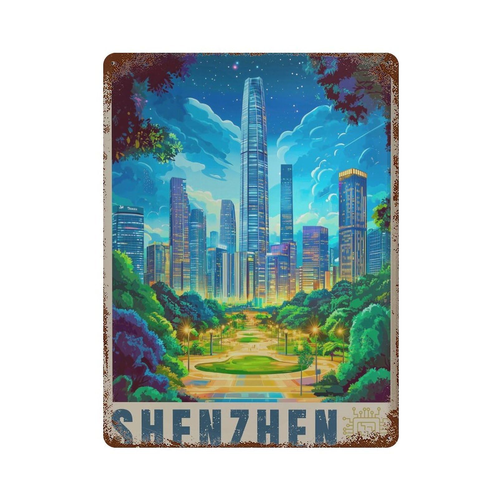 xiaoxiaoshen Shenzhen Cityscape Travel Guangdong Wall Decor Art Metal Tin Poster Modern Home Decor Art Home Bar Shop Decorations Vintage Sign 40x30cm
