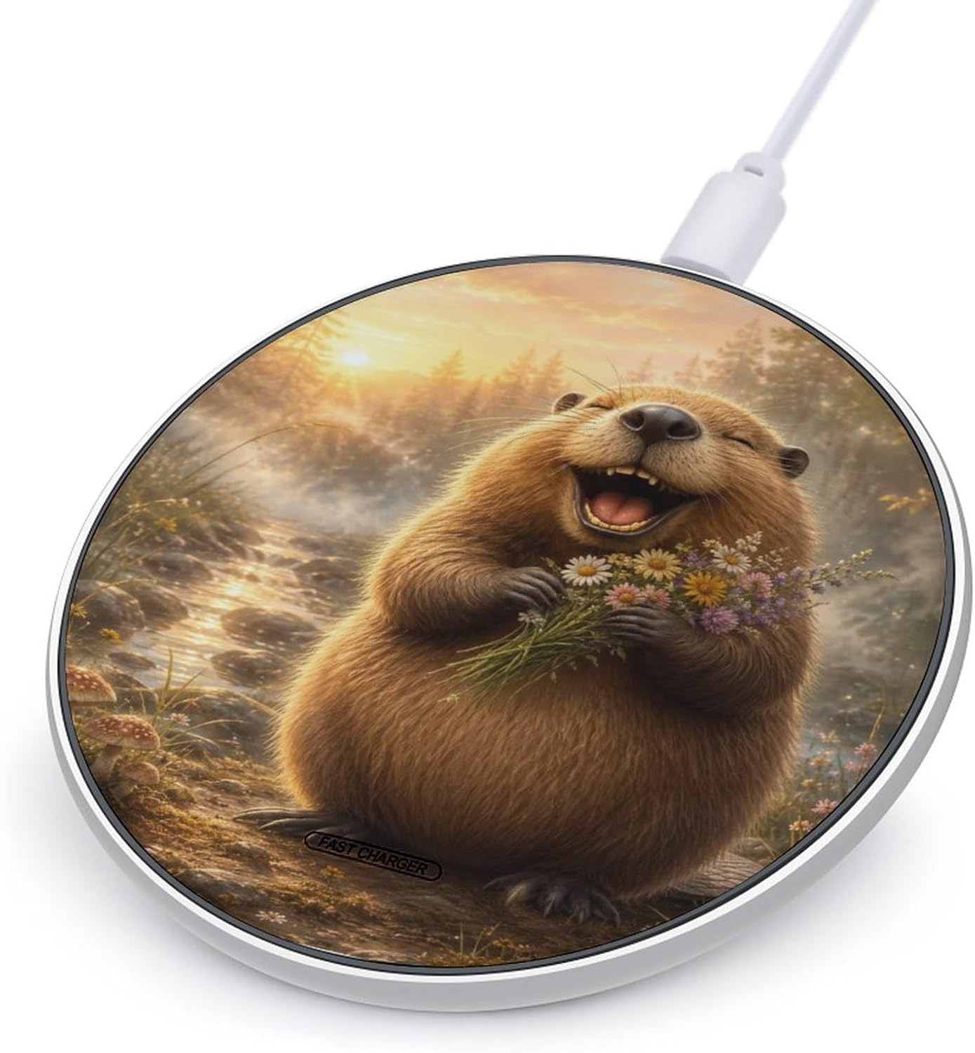 Morning Companion Art Wireless Charger for Phone, 10W Fast Charging Pad with 3.9" Round Aluminum Alloy Frame, Portable Charging Station with USB Cable