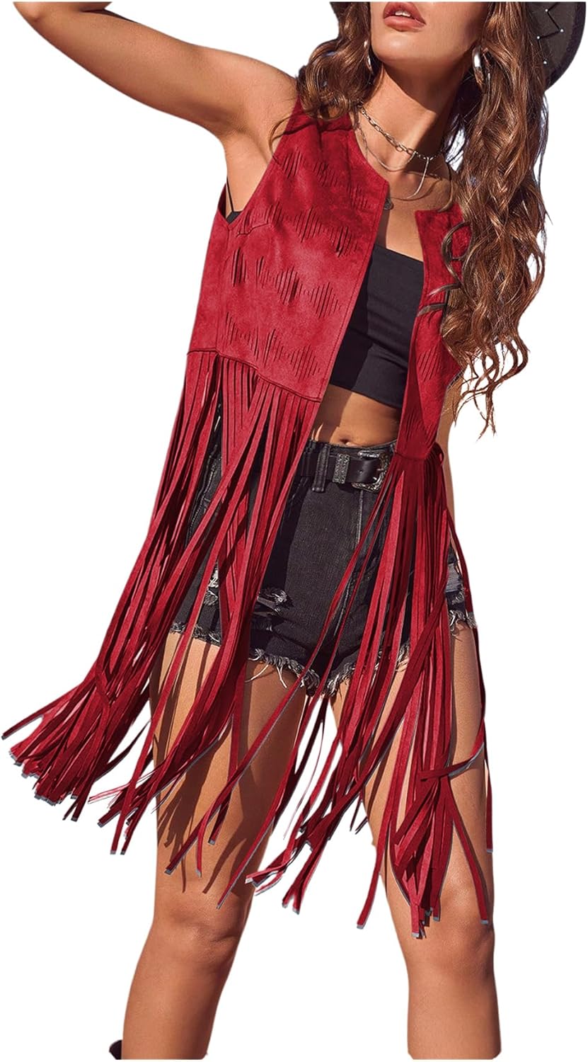 BEAUDRM Women's Fringe Vest Sleeveless 70s Hippie Faux Suede Trim Western Cowgirl Tassel Jacket Cardigan