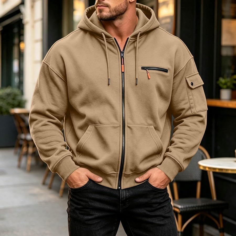 Full Zip Hoodie for Men, Classic Fleece Jacket with Pocket for Winter | Comfortable Zip Up Hooded Top, Chest and Arm Pockets, Lightweight Layer for Gym Travel and Everyday Wear, image 2