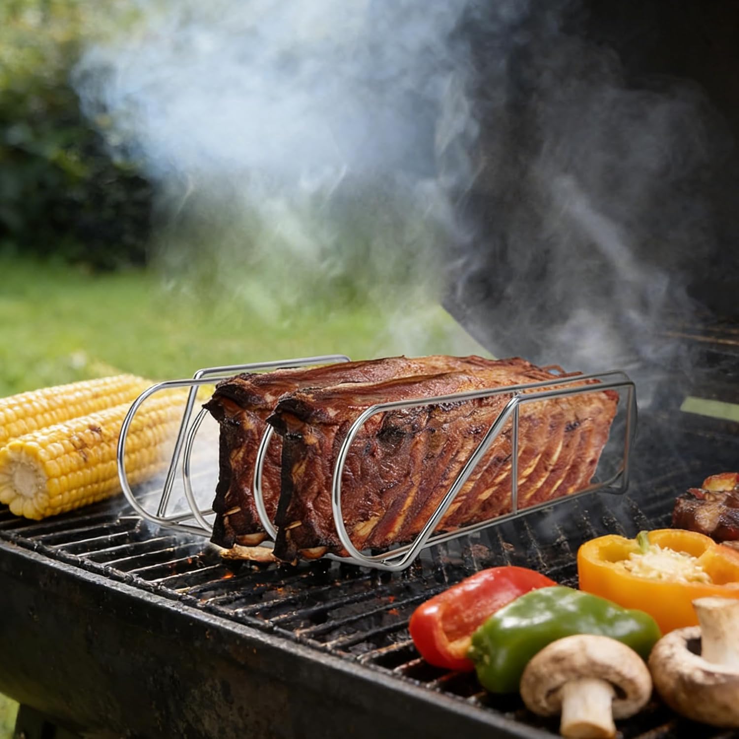 Extra Long 304 Stainless Steel Rib Rack for 18” or Larger Grills and Smokers, Holds up to 3 Full Racks of Ribs, BBQ Accessories for Kamado, Weber, Big Green Eggs, Pit Boss, Traeger