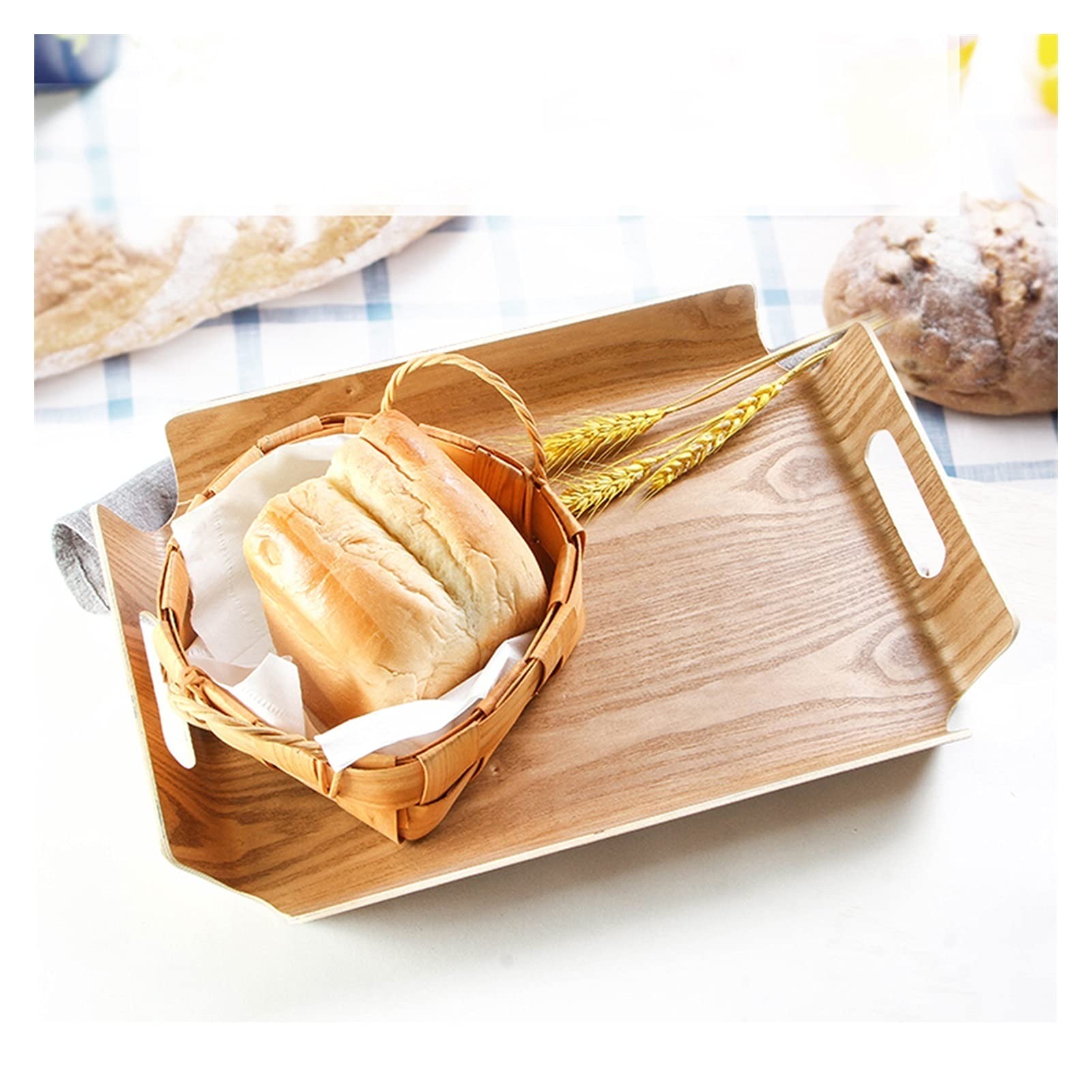 Bandeja Bandeja de servir y plato, placa de porción curvada de madera rectangular con bandeja de bocadillos de mango, bandeja de desayuno, decoración con estilo de granja con estilo. Bandejas para Ser