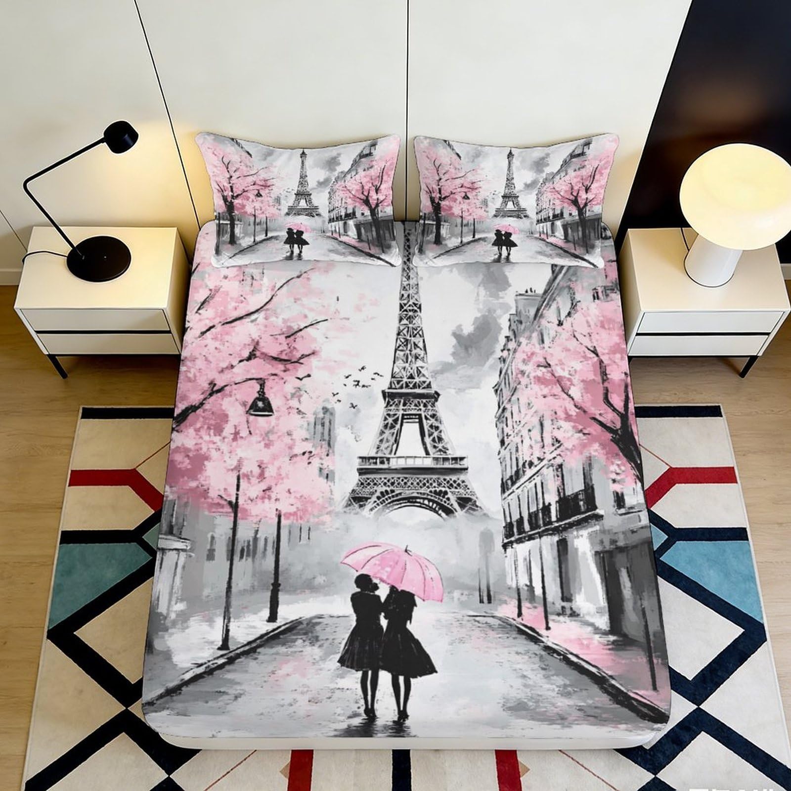 Jqzkxnhpbr Style-8 3D Printed Paris Eiffel Tower Fitted Sheet Microfiber Pink Blossom Bed Cover For Bedroom Decor Dust Protection 90X200x25cm