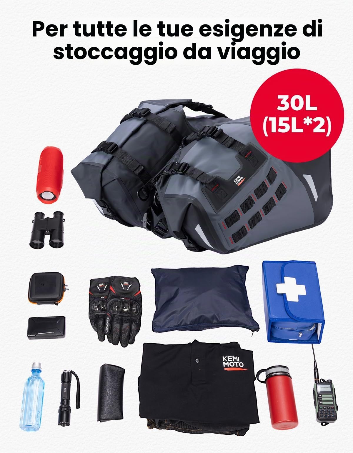 KEMIMOTO Borse Laterali Moto Impermeabili IPX6, Borsa Moto da Viaggio in PVC Morbido per Set 30L (15L x 2), Borse da Sella e da Coda Senza Supporto per Enduro Adventure e Motocicletta Dual Sport