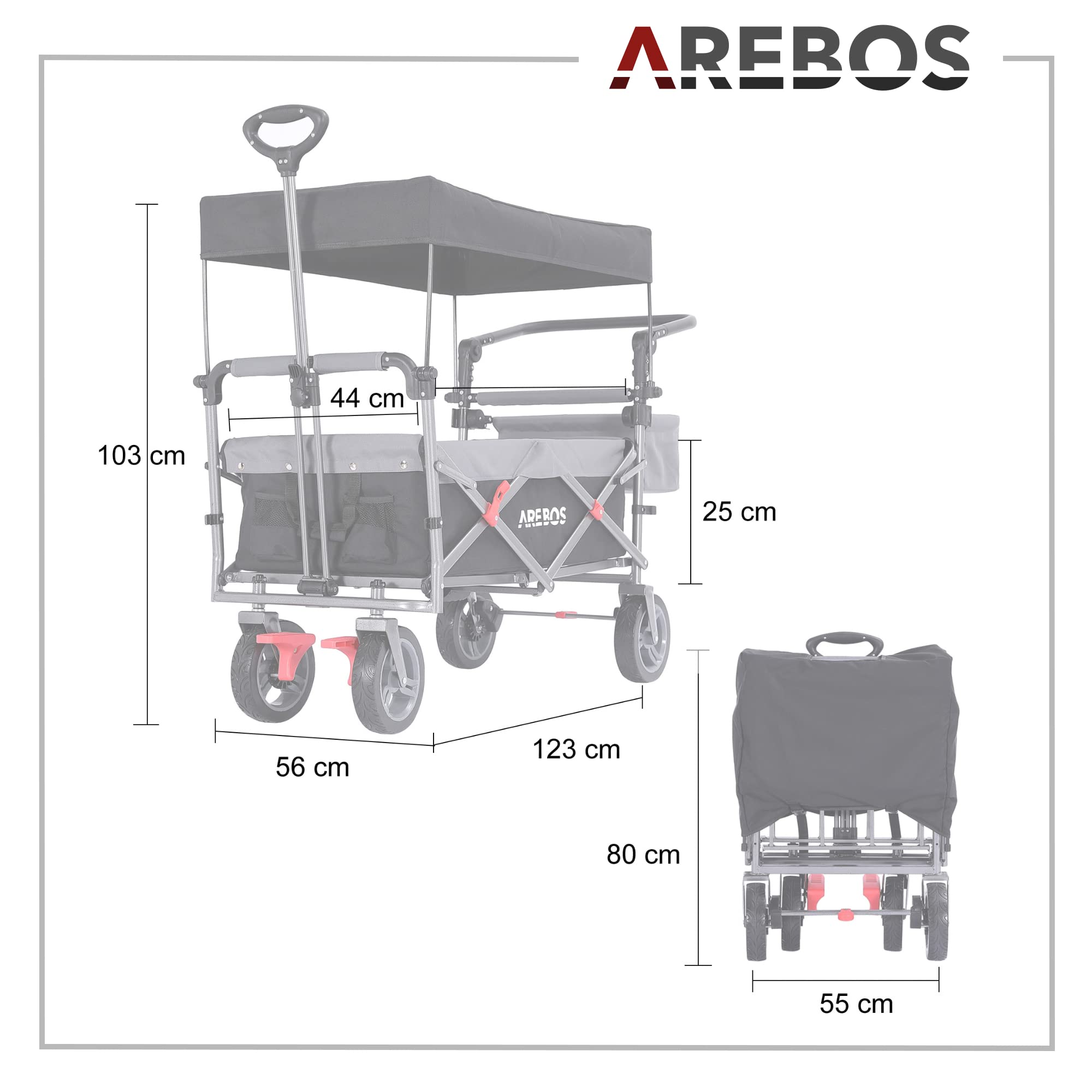 Arebos Bollerwagen Premium faltbar mit Dach | Handwagen | Faltwagen | Transportwagen | klappbar | bis 100 kg Tragkraft | Vorder- und Hinter-Bremse | Schwarz