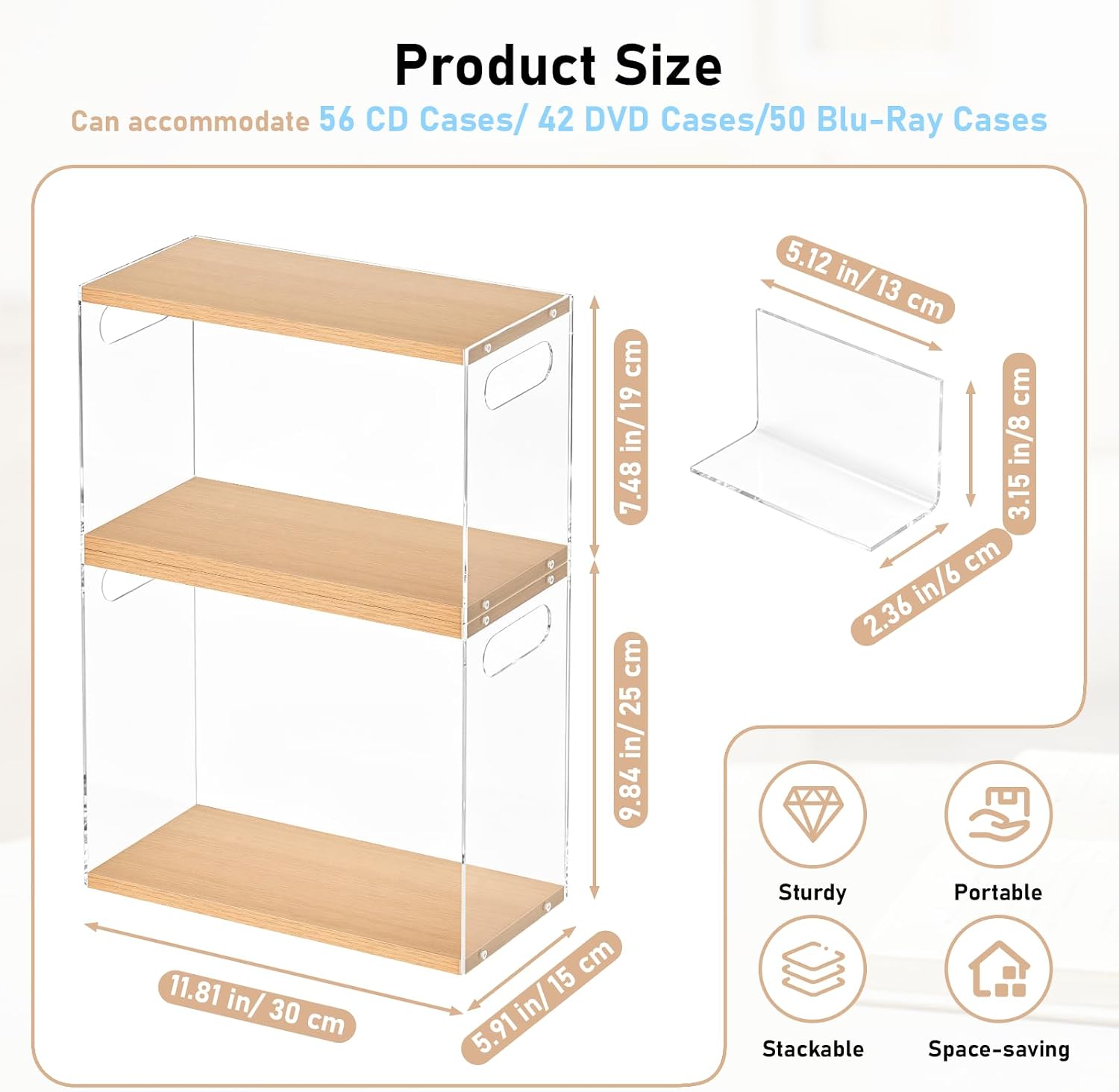2 Pack Acrylic DVD/CD Storage Box with Handle DVD Holder Case | Clear acrylic storage box with a wood base, Stackable Media Storage Organizer for DVD, CDs, Video Games,Blu-rays, Small Books